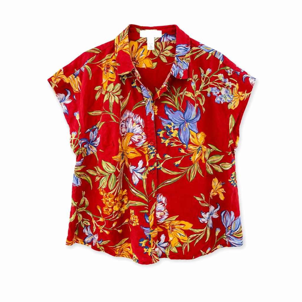 A New Day Red Floral Button-Up Linen Shirt Women