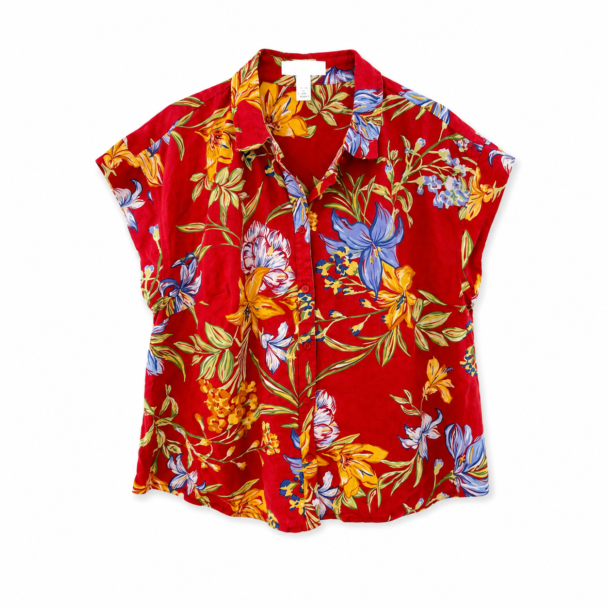 A New Day Red Floral Button-Up Linen Shirt Women