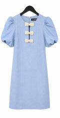Karl Lagerfeld Light Blue Pearl Puff-Sleeve Melange Stretch Dress