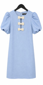 Karl Lagerfeld Light Blue Pearl Puff-Sleeve Melange Stretch Dress