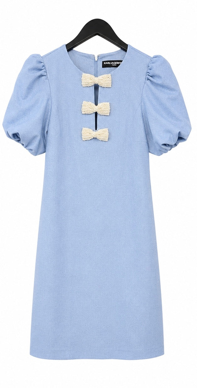 Karl Lagerfeld Light Blue Pearl Puff-Sleeve Melange Stretch Dress
