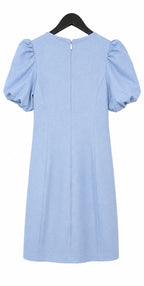 Karl Lagerfeld Light Blue Pearl Puff-Sleeve Melange Stretch Dress
