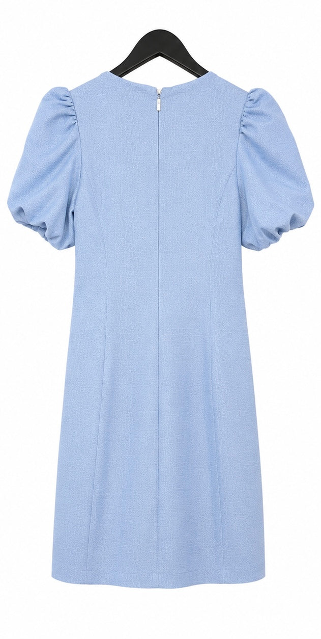 Karl Lagerfeld Light Blue Pearl Puff-Sleeve Melange Stretch Dress