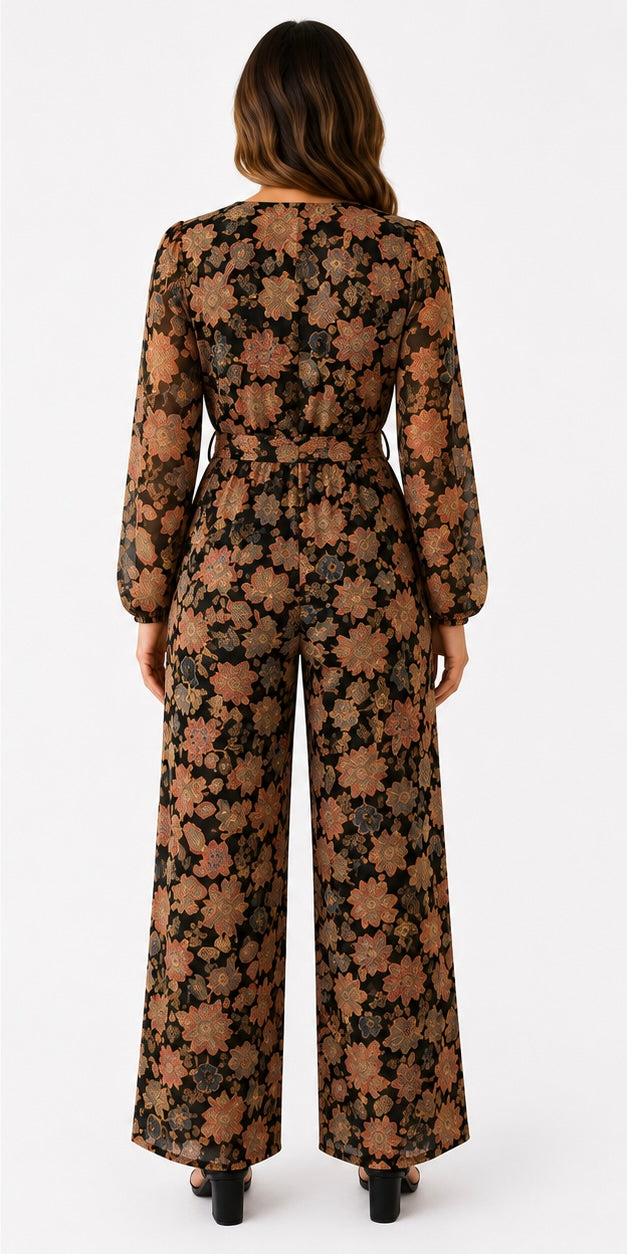 Vince Camuto Long-Sleeve Multicolor Floral Self-Tie Jumpsuit