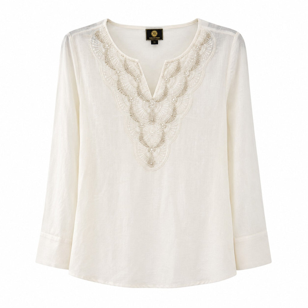 JM Collection Split-Neck Beaded Linen-Blend 3/4-Sleeve Top