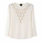 JM Collection Split-Neck Beaded Linen-Blend 3/4-Sleeve Top
