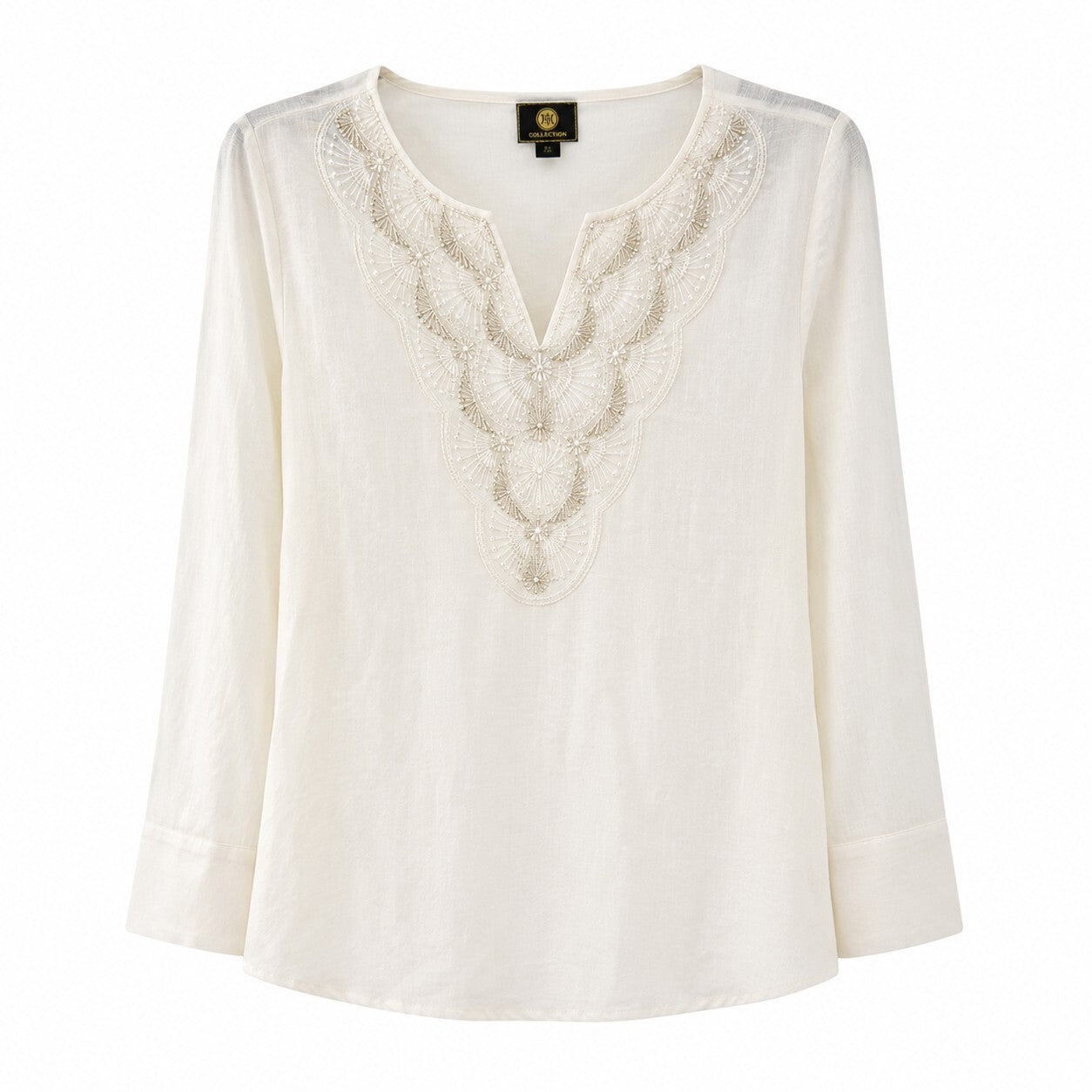 JM Collection Split-Neck Beaded Linen-Blend 3/4-Sleeve Top