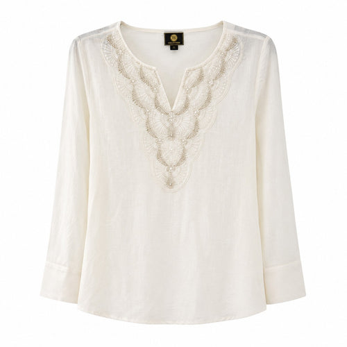 JM Collection Split-Neck Beaded Linen-Blend 3/4-Sleeve Top