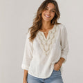 JM Collection Split-Neck Beaded Linen-Blend 3/4-Sleeve Top
