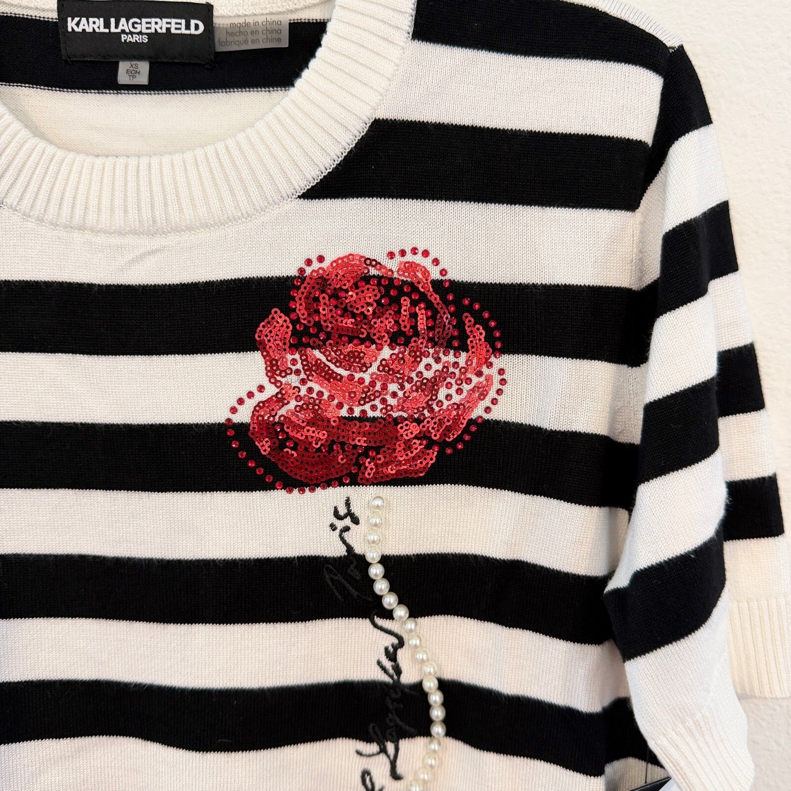 Karl Lagerfeld Paris Black White Striped Crewneck Sweater Women Size XS