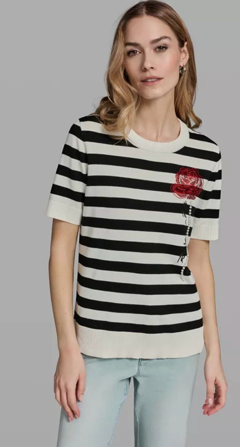 Karl Lagerfeld Paris Black White Striped Crewneck Sweater Women Size XS