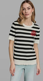 Karl Lagerfeld Paris Black White Striped Crewneck Sweater Women Size XS