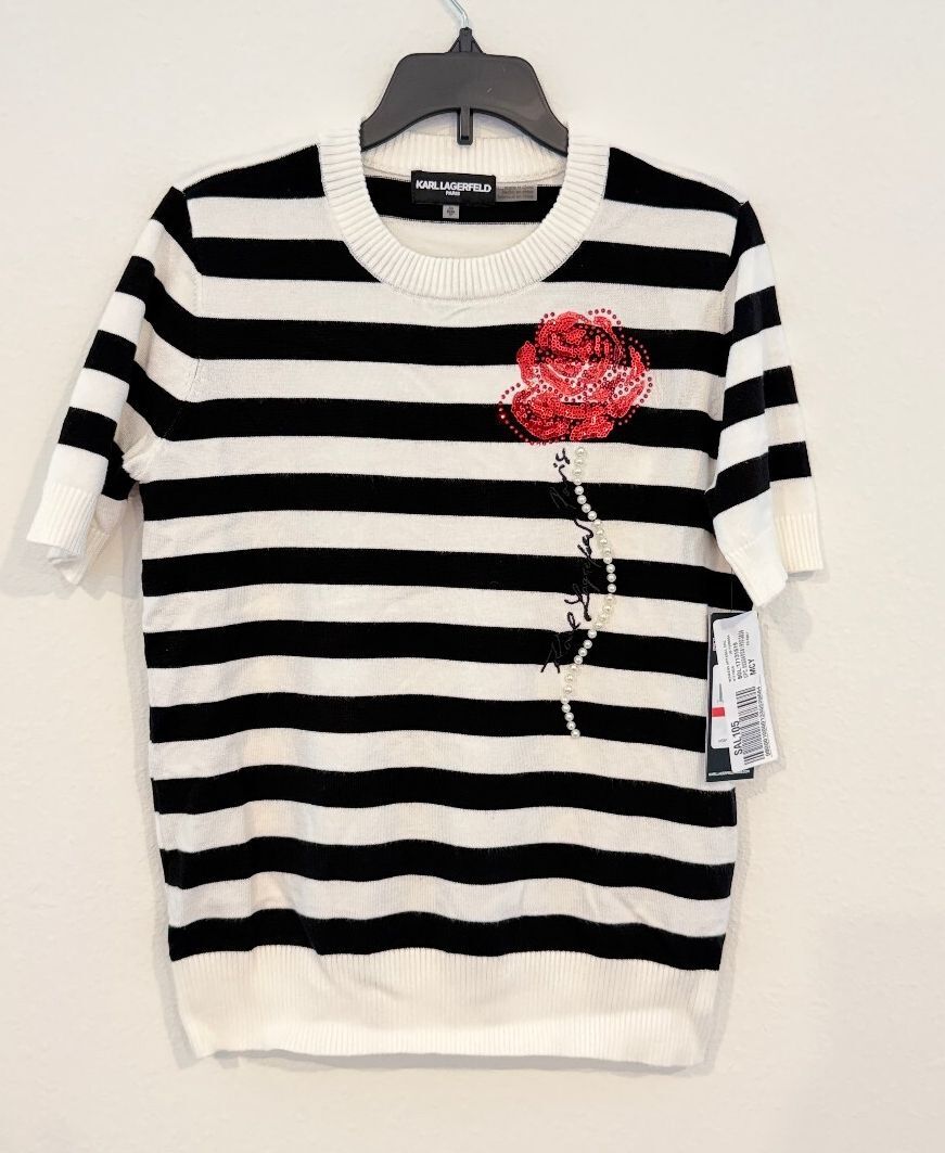 Karl Lagerfeld Paris Black White Striped Crewneck Sweater Women Size XS