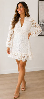 Kensie White Heavy Floral-Lace Long-Sleeve Mini Dress