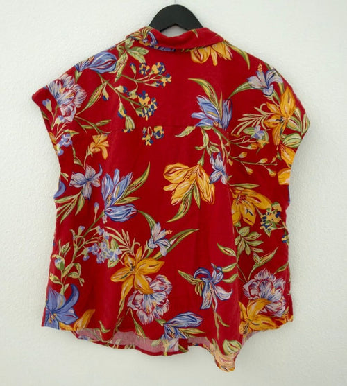 A New Day Red Floral Button-Up Linen Shirt Women